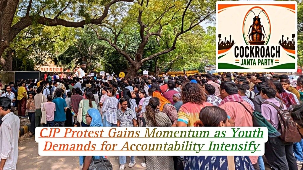 Crowds gather during the CJP Protest as supporters demand accountability and education reforms, with the Cockroach Janta Party logo displayed in the featured image.