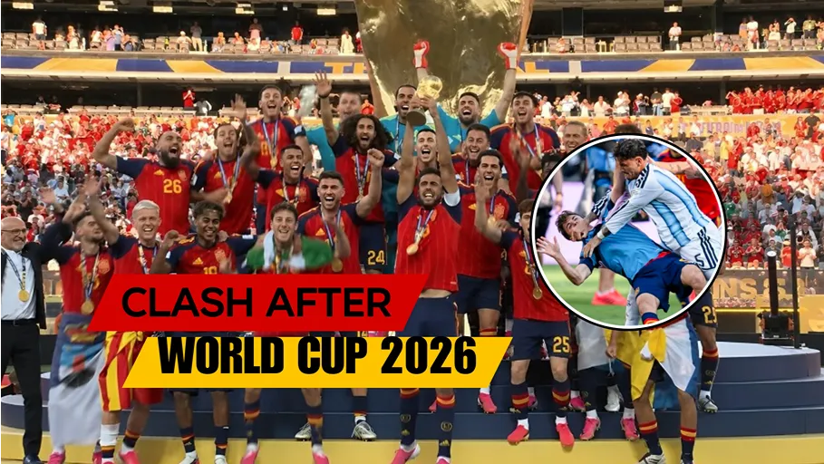 Spain celebrates its 2026 World Cup victory as images of the World Cup Final Clash between Spanish and Argentine players appear in the featured graphic.