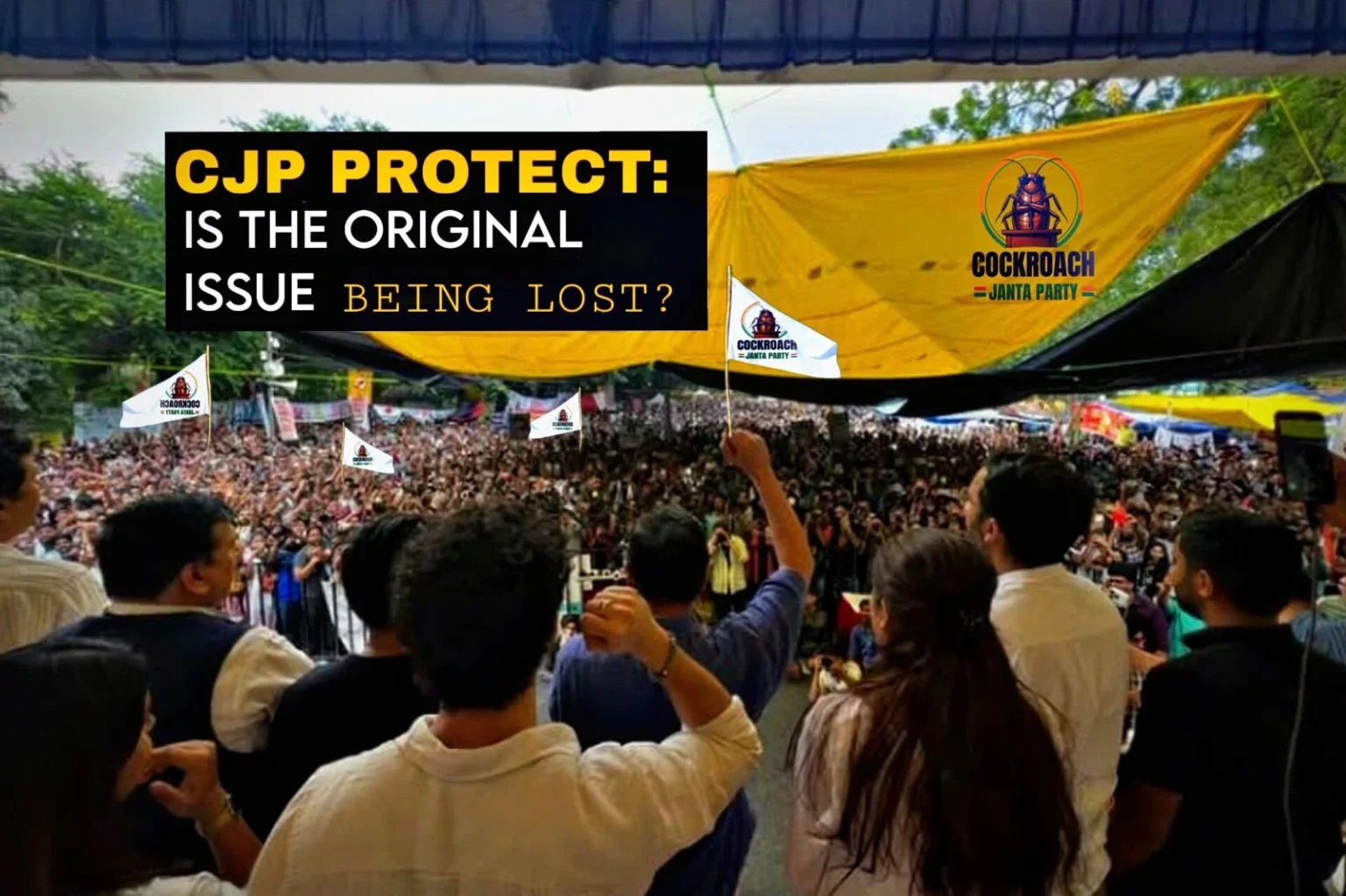 Crowd gathered at the CJP Protest rally as supporters raise flags during a demonstration over NEET examination irregularities and the debate on CJP Protest External Influence.