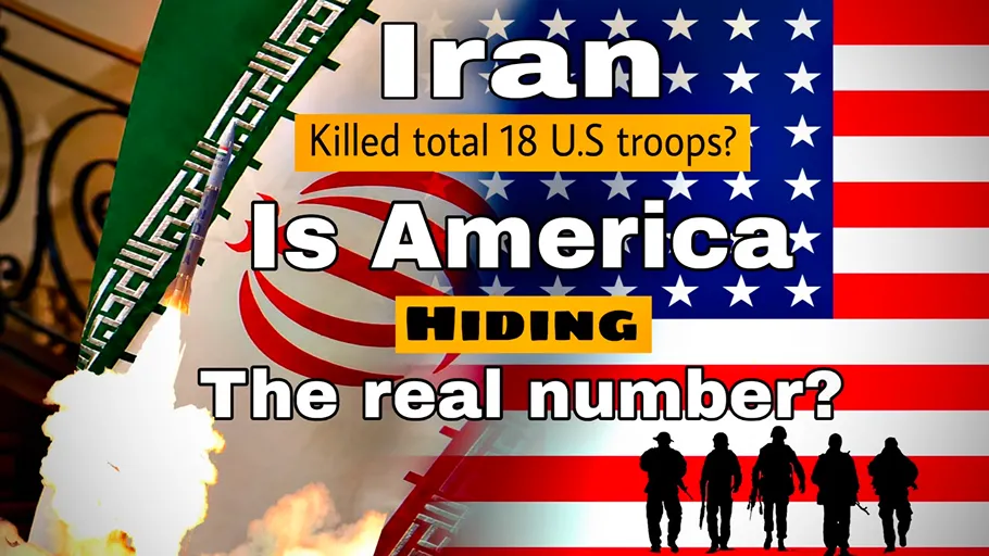 Illustration of the Iran and US flags with a missile launch and soldiers highlighting the Middle East casualty controversy over Iran's claim that the US is hiding military deaths.