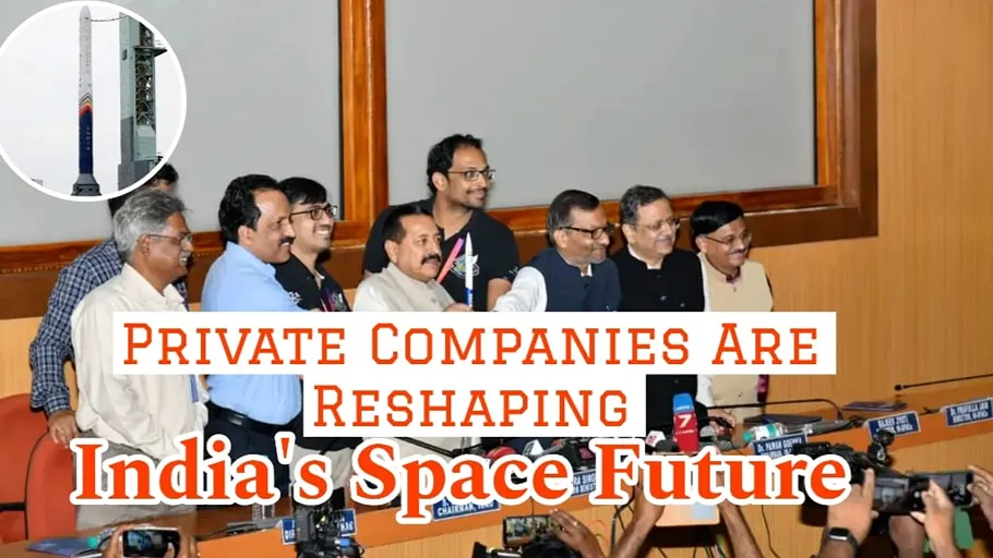 Officials and founders of Indian space startups pose together during an event highlighting the growth of the India Private Space Industry following space sector reforms.
